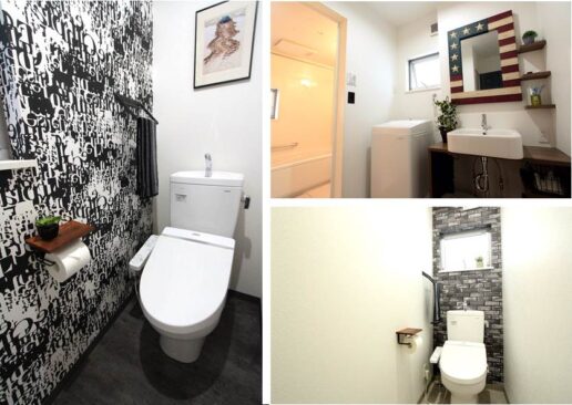 １階トイレは無骨に仕上げ、2階はブリックが際立つトイレになりました。ミラーが特徴的な洗面室は収納もあり広々使えます。浴室は明るく快適な空間です。